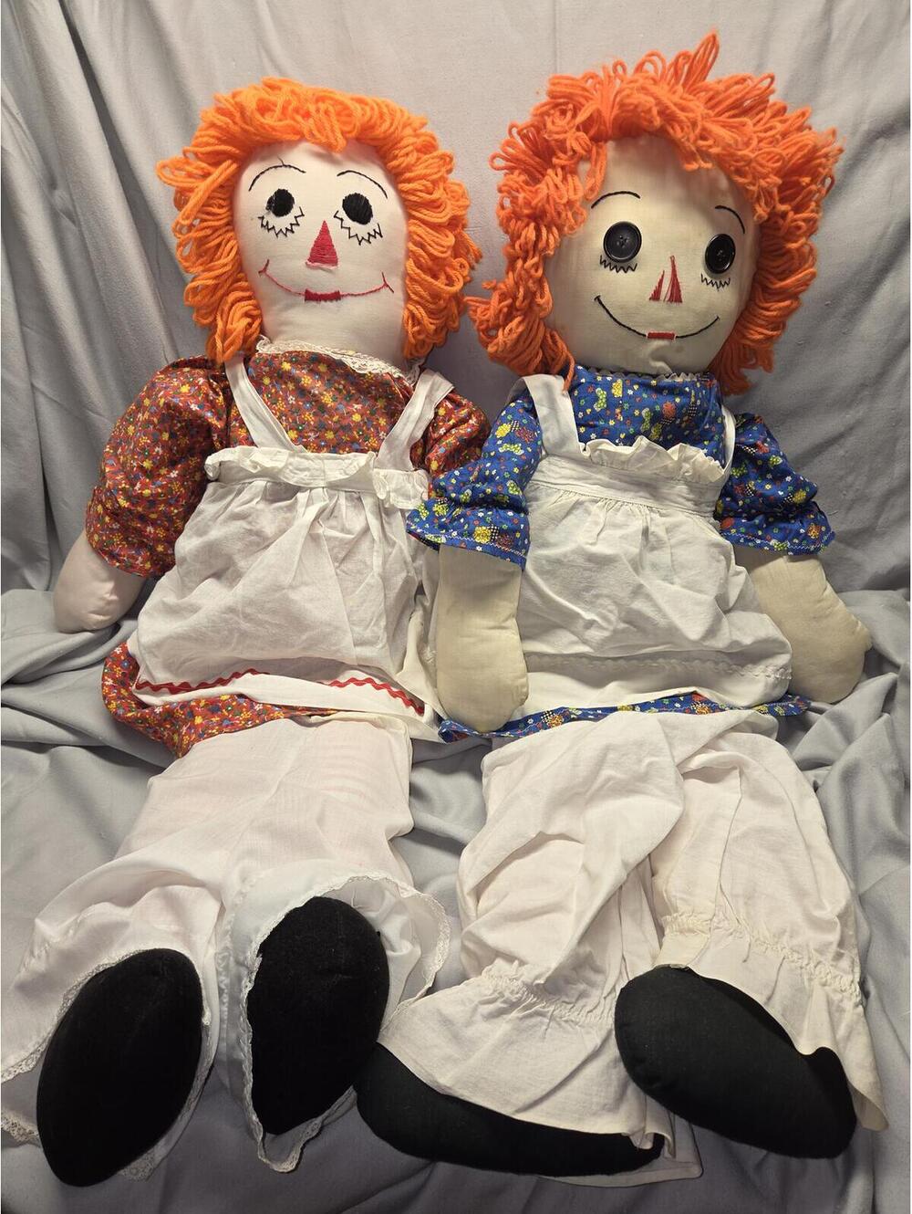 Pair of Vintage Handmade Raggedy Ann Style 36" version Dolls w/ Orange Yarn Hair